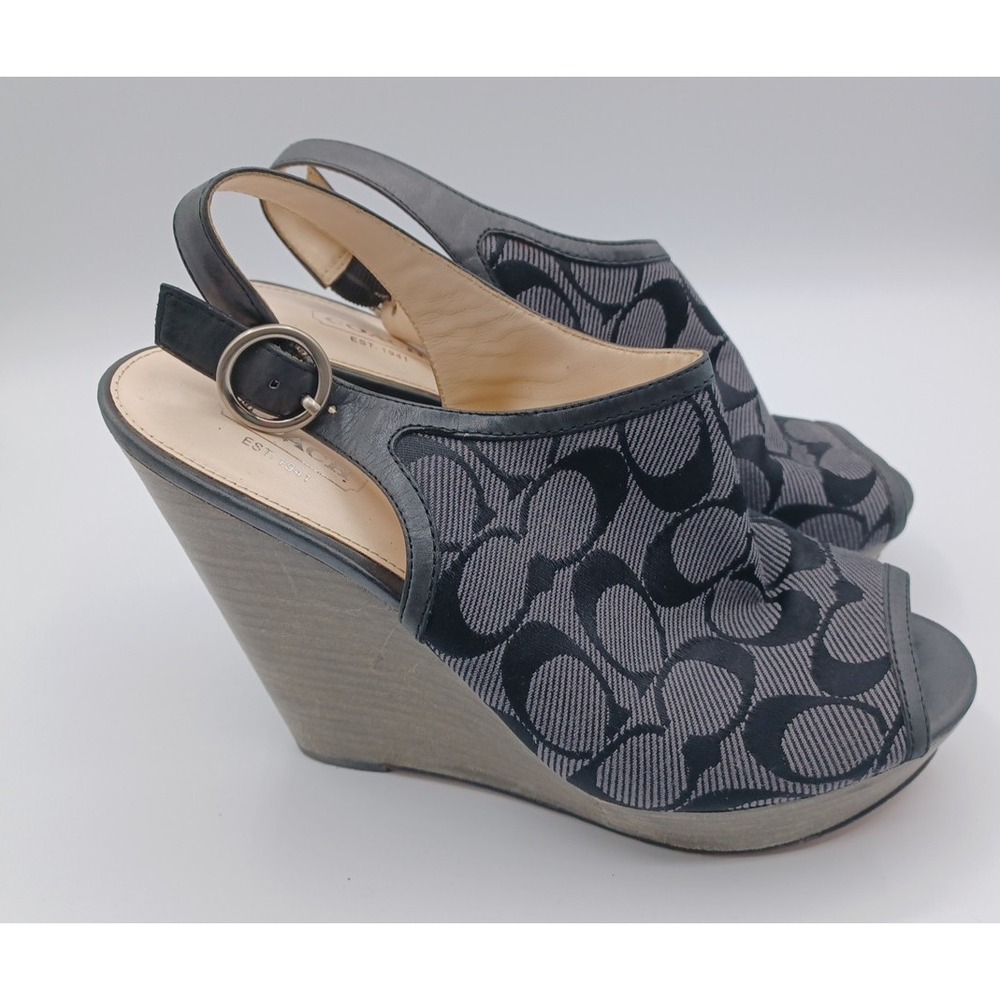 Coach Jackie Wedge Peep Toe Platforms Signature C Fabric Graphite & Black 8.5 B - Picture 4 of 8